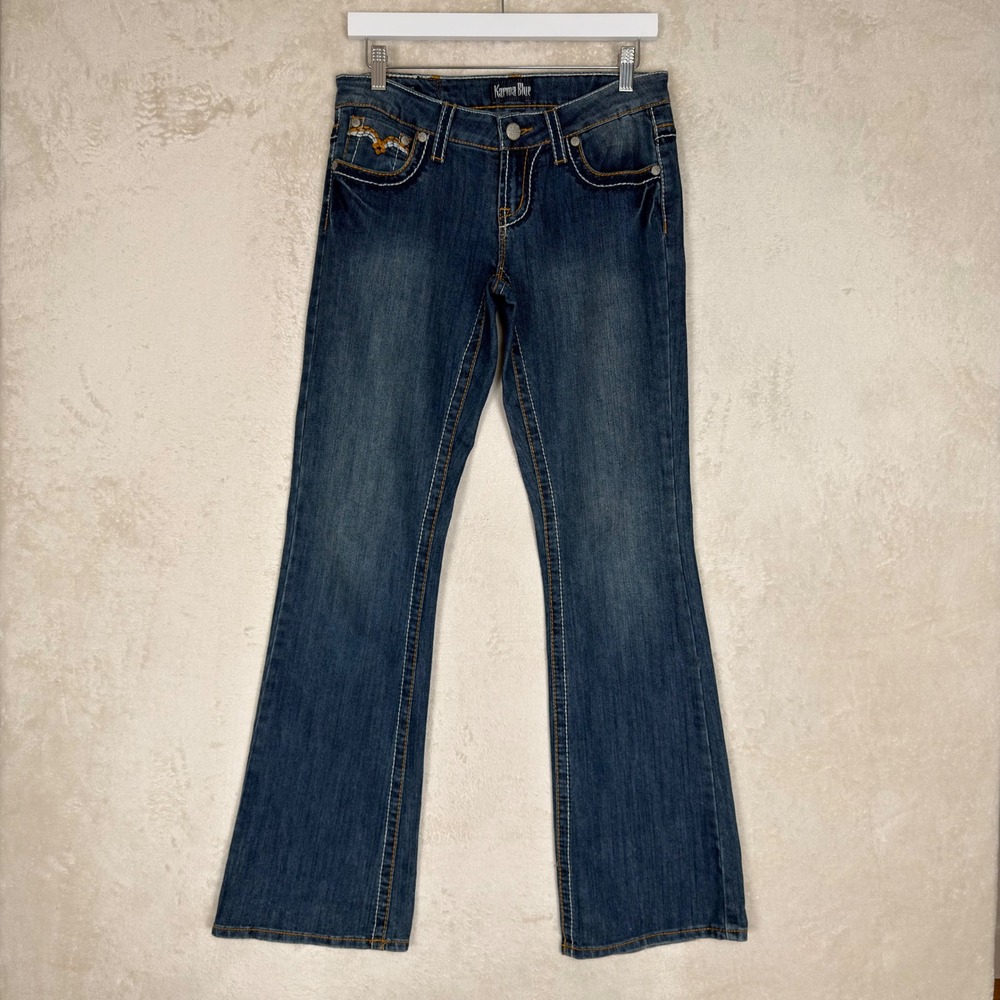 Vintage Karma Blue Y2K Bootcut Jeans Dark Wash Embroidered Low Rise Size 7